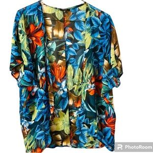 Iris Tropical Bright Floral Large Print Lightweight Kimono in Blue, & Orange.
